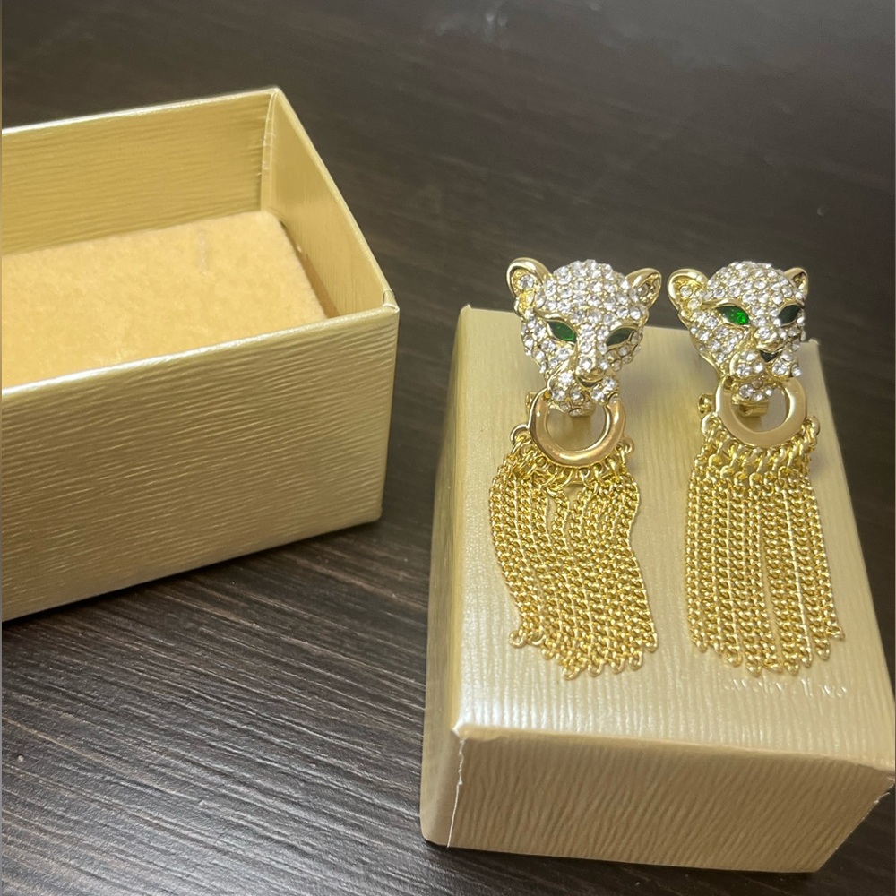 JTV White & Green Crystal Gold Tone Jaguar Tassel Earrings